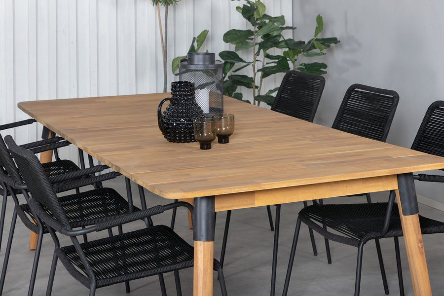 Julian spisebord 210*100 - akasie + Lindos armstol - svart alu / svart rep