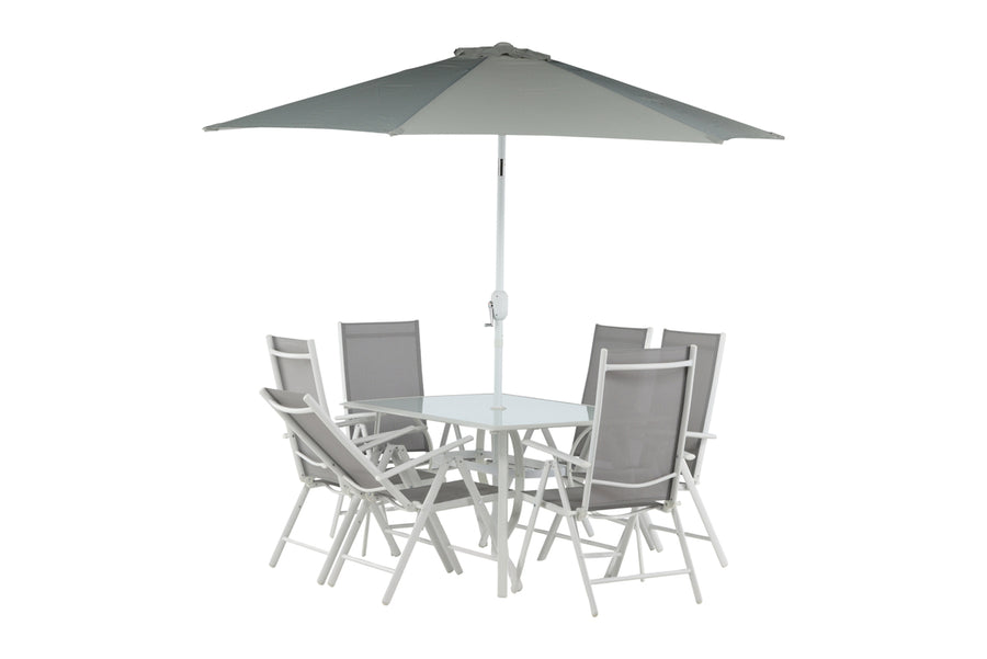 BREKKI Spisegruppe inklusive parasol hvid/grå