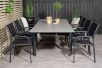 Levels spisebord 160/240 - sort / grå + Santorini armlænestol - sort alu / sort textilene
