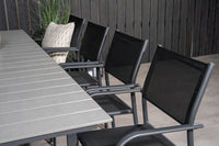 Levels spisebord 160/240 - sort / grå + Santorini armlænestol - sort alu / sort textilene