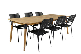 Table à manger Julian 210*100 - acacia + fauteuil Lindos - alu noir / corde noire