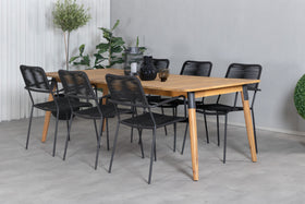 Table à manger Julian 210*100 - acacia + fauteuil Lindos - alu noir / corde noire