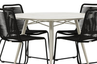 Lina spisebord 120ø - beige + Lindos spisebænk - sort alu / sort reb