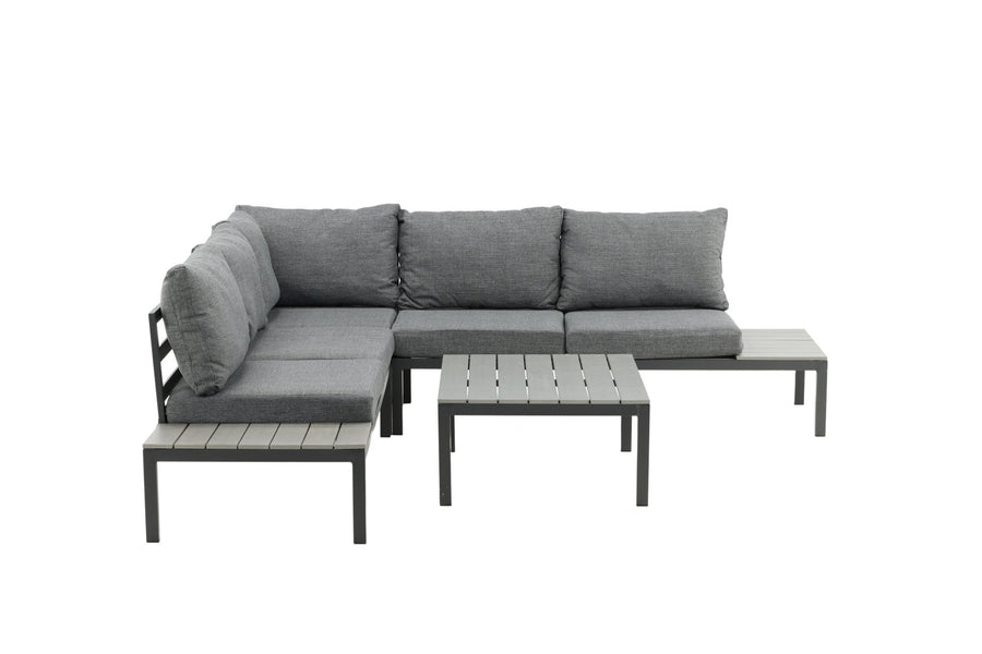 Odense lounge sofa med sofabord - sort alu / grå puder / grå aintwood