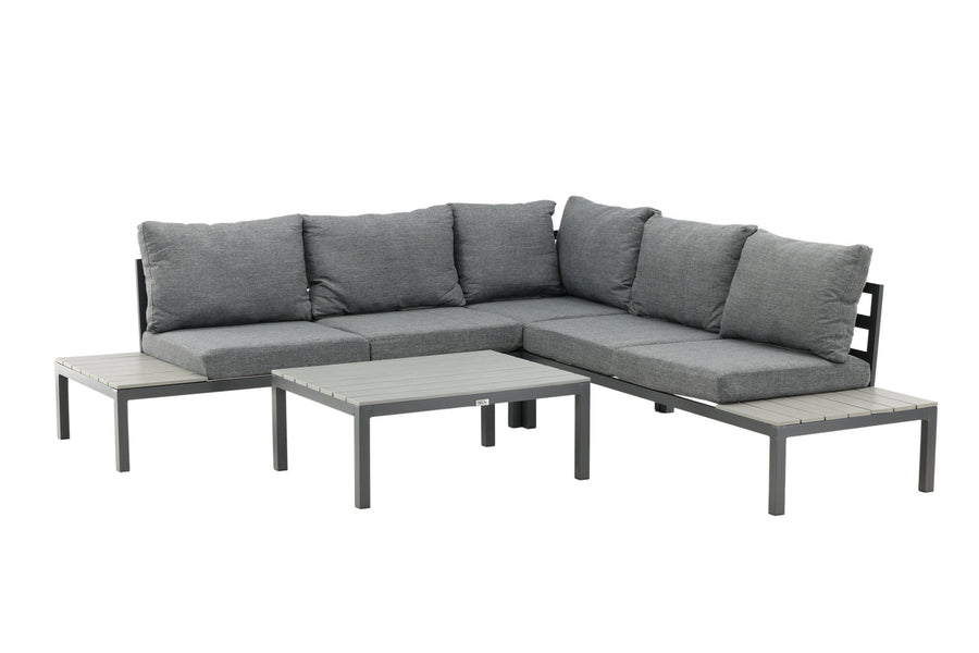 Odense lounge sofa med sofabord - sort alu / grå puder / grå aintwood