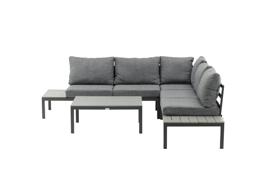 Odense lounge sofa med sofabord - sort alu / grå puder / grå aintwood