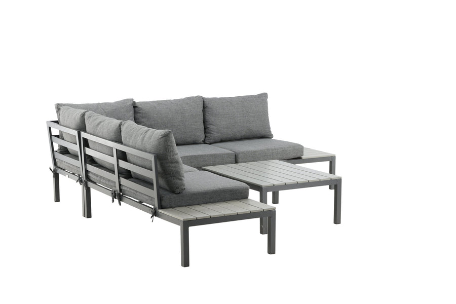 Odense lounge sofa med sofabord - svart alu / grå puter / grå aintwood