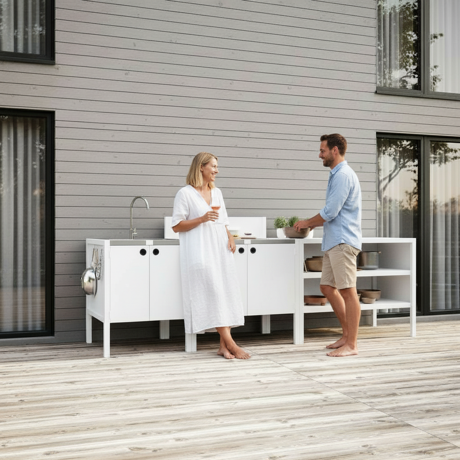 UMAMI ensemble cuisine extérieure, module évier, module 1 et module 2, blanc / inox