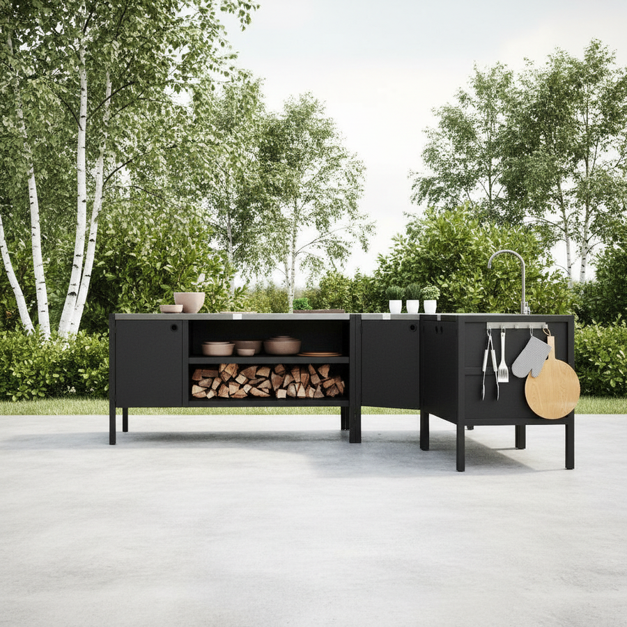 UMAMI utekökspaket, vaskmodul, hörnmodul, modul 3, svart / rostfri