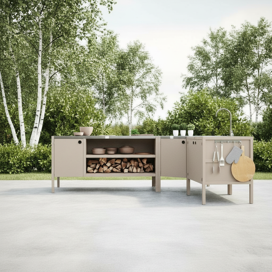 UMAMI utendørs kjøkkenpakke, vaskmodul, hjørnemodul, modul 3, beige / rustfritt