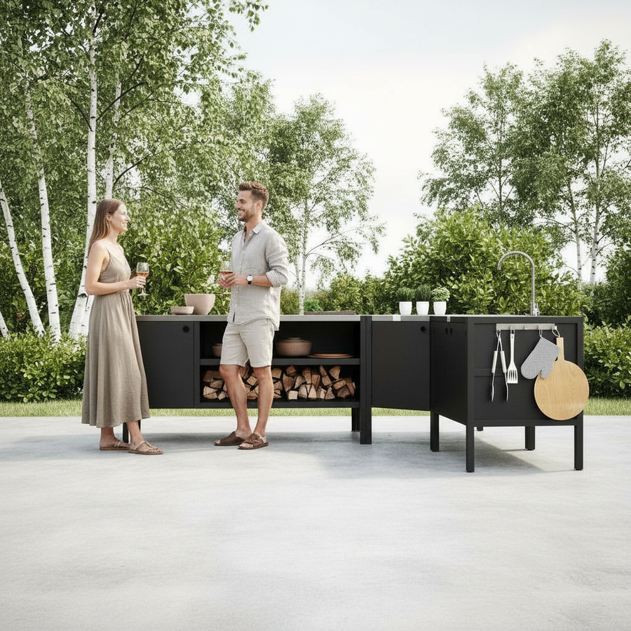 UMAMI utekökspaket, vaskmodul, hörnmodul, modul 3, svart / rostfri