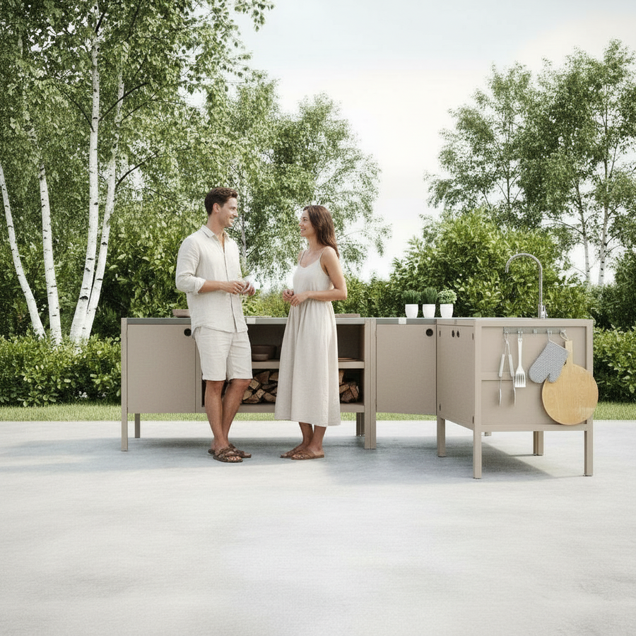 UMAMI utendørs kjøkkenpakke, vaskmodul, hjørnemodul, modul 3, beige / rustfritt