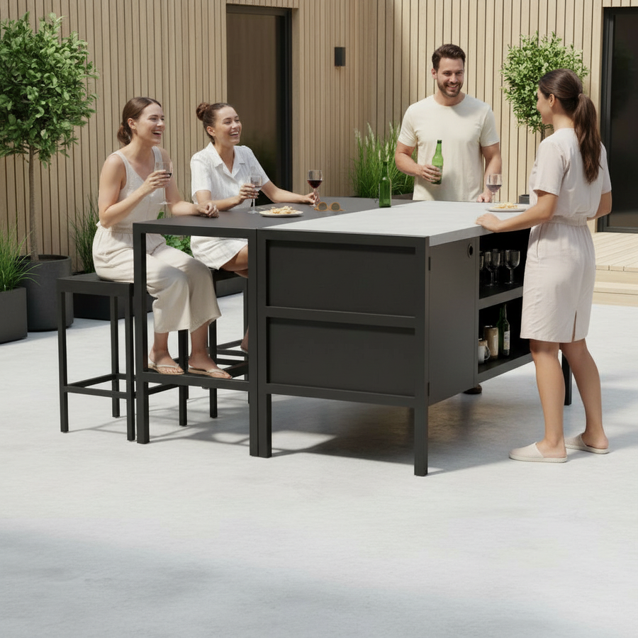 Umami modul 3 med barbord og 3 barstole, sort/rustfrit