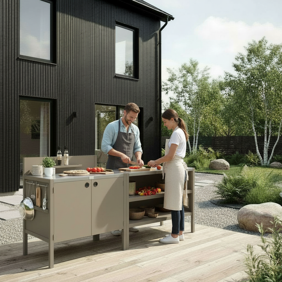 Prix spécial UMAMI cuisine extérieure module 1 + 2 avec housse, beige / inox